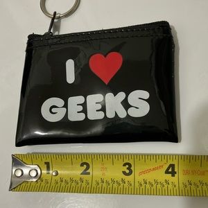 I ♥️ GEEKS patent leather style wallet card holder coin purse mini bank bag EUC
